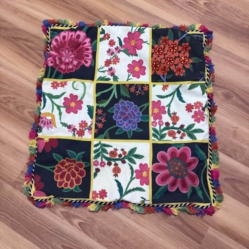Pier 1 Boho Embroidered Floral Pillow Case Double Sided Fringe Vibrant Retro